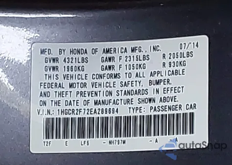 2014 Honda Accord Ex из США, поврежденный, VIN 1HGCR2F72EA289694